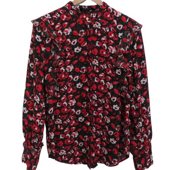 Lauren Ralph Lauren Women Sz L Red Black Floral Ruffle Long Sleeve Button Down - Picture 1 of 9